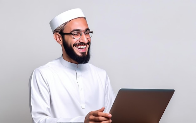 Foto um homem de hijab com um laptop no colo.