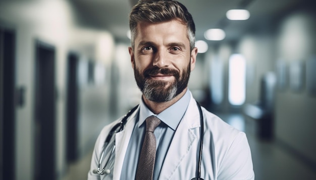 Um homem de jaleco branco com barba está parado em um corredor.