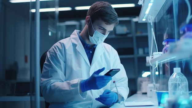Um homem de jaleco e luvas segura um celular na frente de um laboratório com uma luva azul na mão.