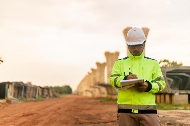 Foto um homem de jaqueta amarela está escrevendo em um caderno enquanto está de pé na frente de uma ponte