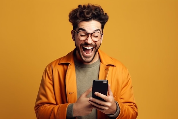 Um homem de jaqueta amarela está segurando um telefone e usando óculos que dizem 'eu sou um homem'