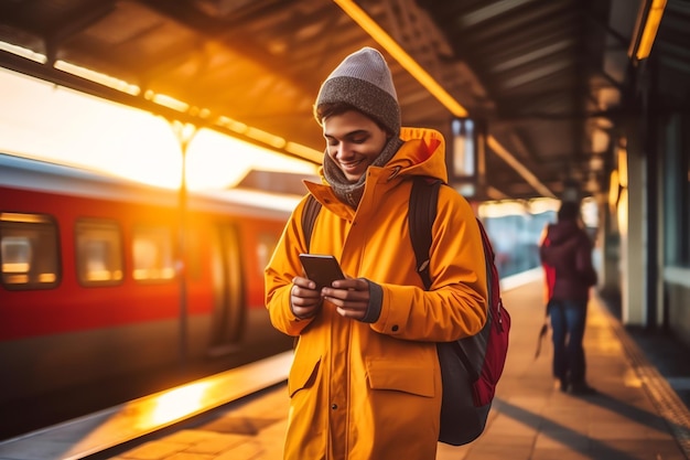 Um homem de jaqueta amarela está usando seu telefone enquanto espera por um trem