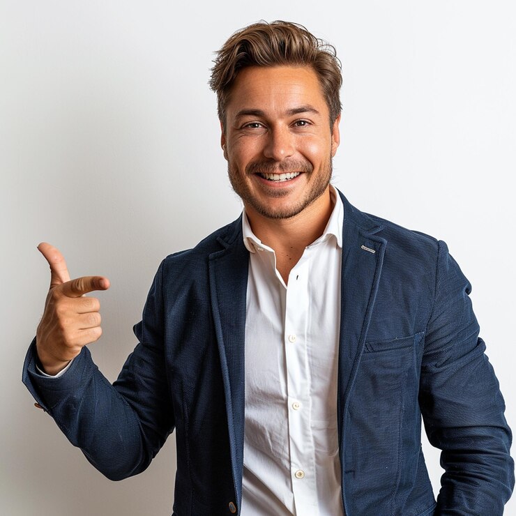 Foto um homem de jaqueta azul dando um sinal de polegar para cima