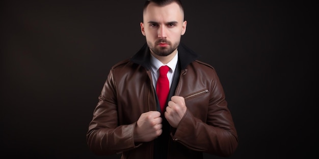 Um homem de jaqueta de couro marrom e gravata vermelha está posando para uma foto.