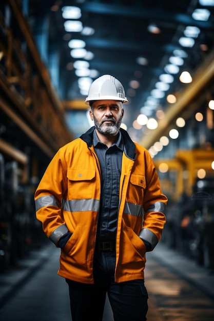 Um homem de jaqueta laranja está em frente a um grande armazém industrial