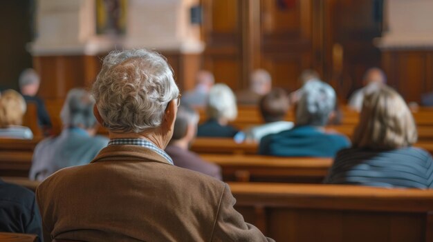 Um homem de jaqueta marrom senta-se em uma igreja com um grupo de pessoas