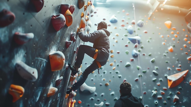 Um homem de jaqueta preta e calças cinzentas está escalando em uma parede de escalada interior