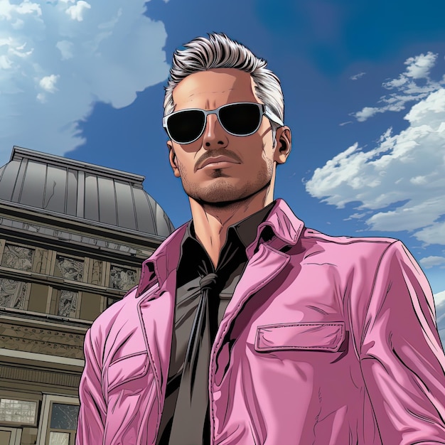 um homem de jaqueta rosa e óculos de sol está em frente a um edifício com um homem vestindo uma jaqueta rosa