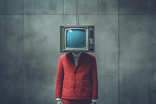 Um homem de jaqueta vermelha com uma cabeça de televisão no estilo da IA generativa dos anos 1970