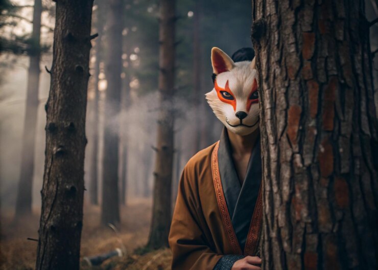 Foto um homem de kimono está em uma floresta com uma floresta no fundo