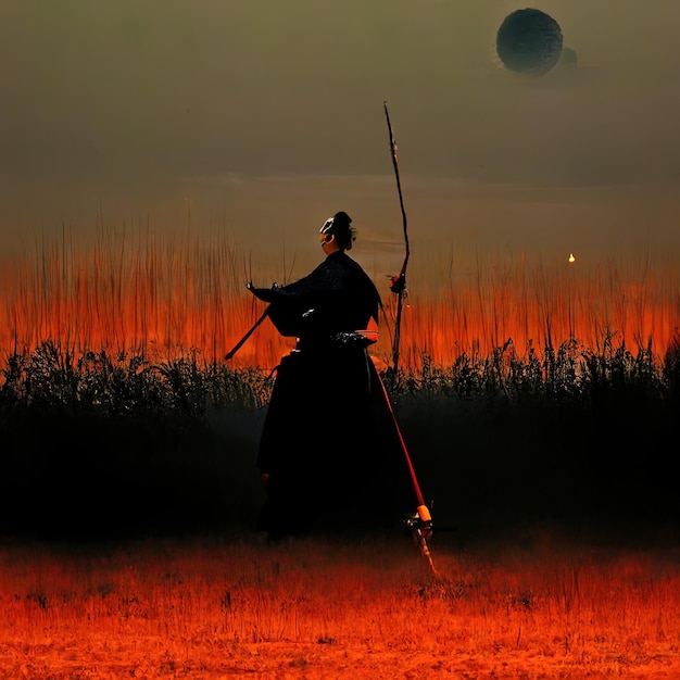 Um homem de kimono preto com uma espada na mão e a lua ao fundo.