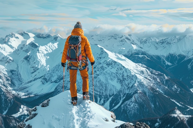 Um homem de laranja está de pé em um pico de montanha coberto de neve