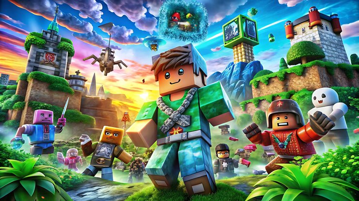 Foto um homem de lego com uma caixa verde na cabeça está cercado por outras personagens
