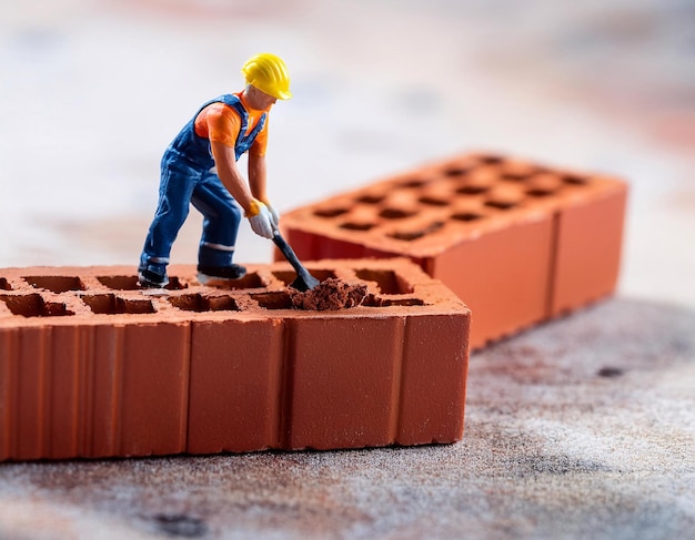 Um homem de Lego está a cavar numa parede de tijolos.
