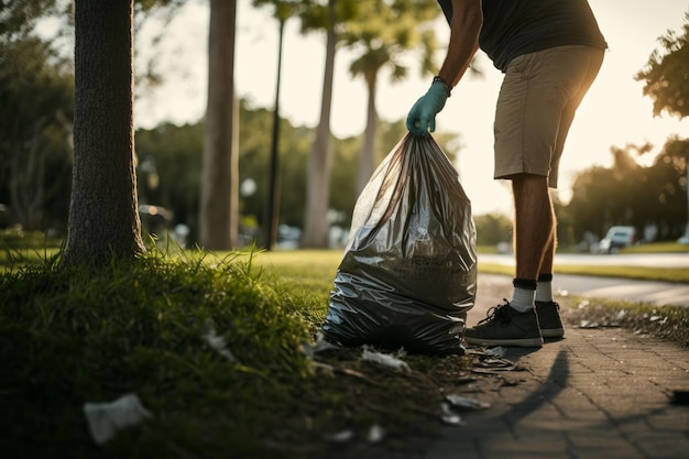 Foto um homem de luvas e luvas está segurando um saco de lixo em frente a uma árvore.