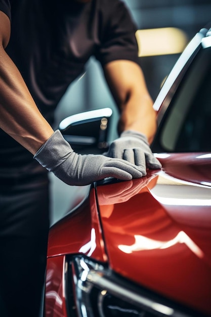 Foto um homem de luvas pretas está a limpar uma porta de carro.