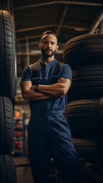 um homem de macacão azul de pé na frente dos pneus