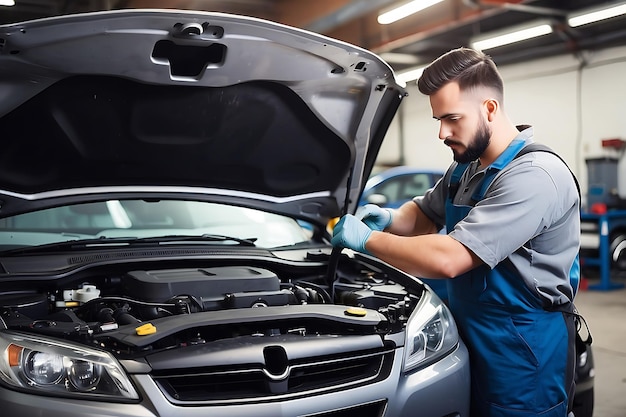 um homem de macacão azul está trabalhando em um carro