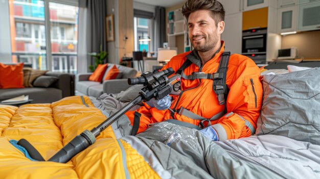 Foto um homem de macacão laranja está sentado em uma cama com uma câmera na mão