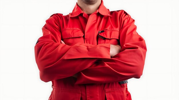 Um homem de macacão vermelho com os braços cruzados, está a usar um chapéu branco e uma expressão séria no rosto.