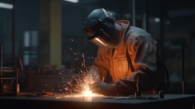 Um homem de máscara e capacete está soldando uma peça de metal.