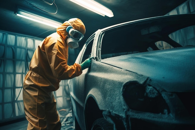 Um homem de máscara e máscara está limpando um carro em uma garagem.