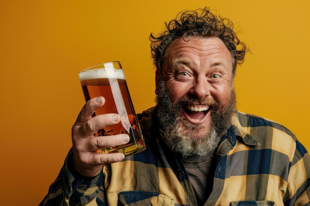 Um homem de meia-idade engraçado e excitado bebe uma cerveja.