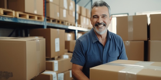 Um homem de meia-idade trabalhando em um armazém enviando pacotes com caixas AI geradora