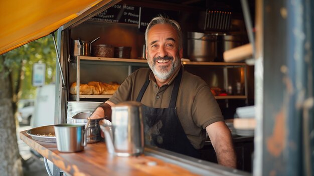 um homem de meia-idade um pequeno empresário sorrindo alegremente dentro de seu caminhão de comida