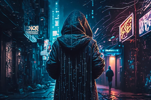 Um homem de moletom fica na rua em frente a um letreiro de néon que diz 'cyberpunk'