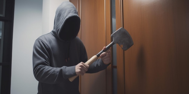 Foto um homem de moletom segura um martelo na frente de uma porta.