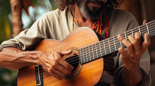 Um homem de músicos de rua tocando um instrumento musical de guitarra alegre e sorridente perto da praia