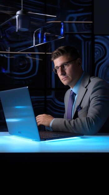 Foto um homem de negócios 3d com um laptop em sua mesa generative ai