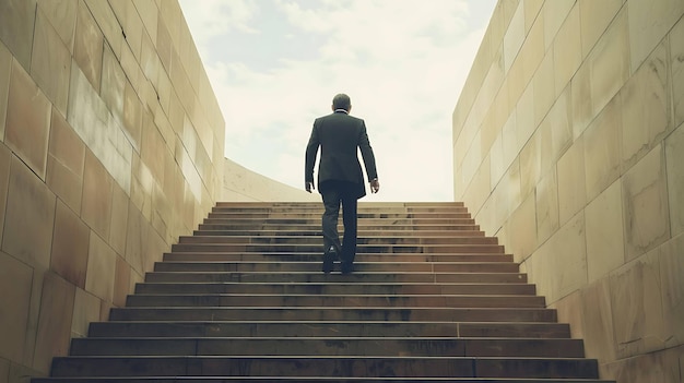 Um homem de negócios a subir as escadas.