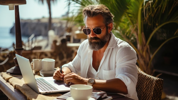 Um homem de negócios adulto e sorridente, um executivo sentado à secretária a usar um portátil, um profissional ocupado e feliz.