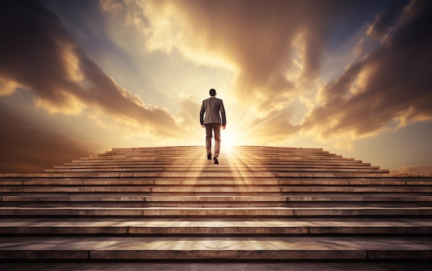 Um homem de negócios ambicioso a subir as escadas do sucesso.