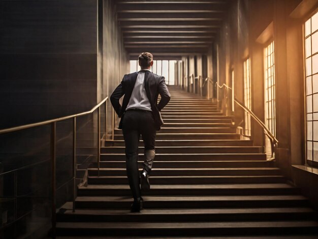 Foto um homem de negócios ambicioso a subir as escadas do sucesso.