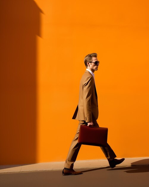 Um homem de negócios bonito a caminhar para o trabalho na estrada.