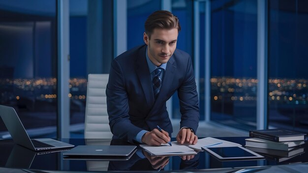 Um homem de negócios bonito a trabalhar no escritório.