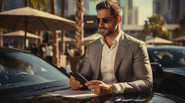 Foto um homem de negócios bonito a usar um smartphone.