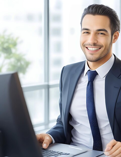 Um homem de negócios bonito está a trabalhar com um portátil no escritório.