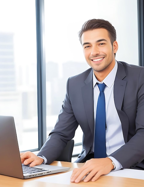 Um homem de negócios bonito está a trabalhar com um portátil no escritório.