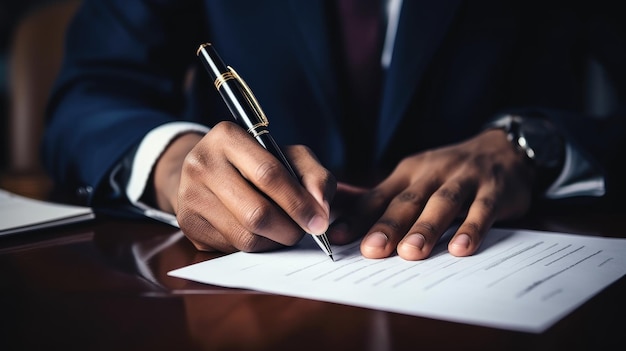 Um homem de negócios com um terno assinando um documento com sua caneta escrevendo seu preenchimento de assinatura