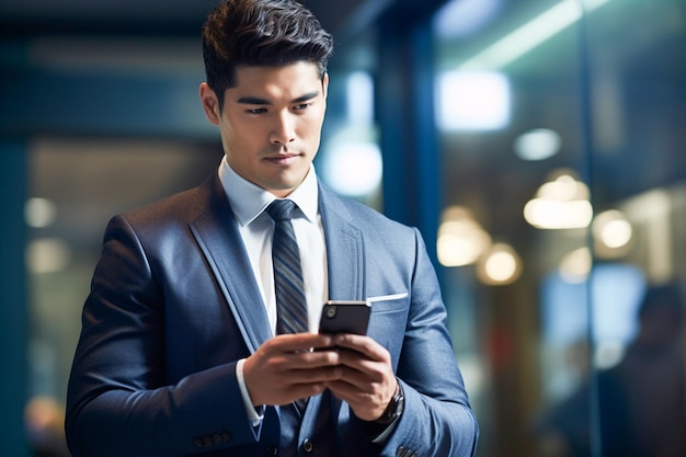 Um homem de negócios com uma expressão séria usando um smartphone