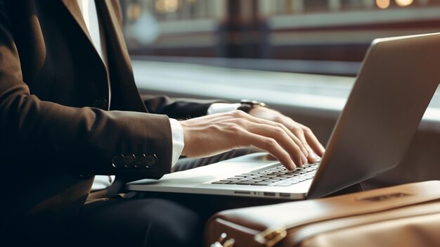 Um homem de negócios de fato está digitando em seu laptop.