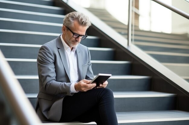 Um homem de negócios de meia-idade com um tablet está sentado nas escadas