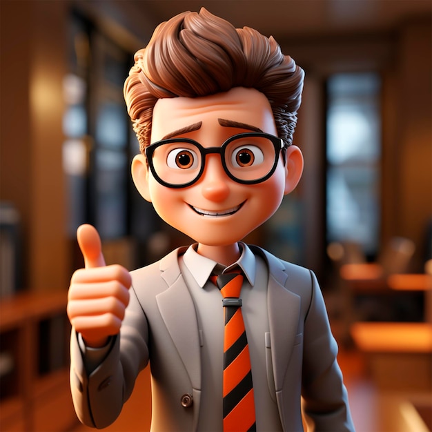 Um homem de negócios divertido com óculos sorrindo e olhando para a câmera dentro do escritório render 3D