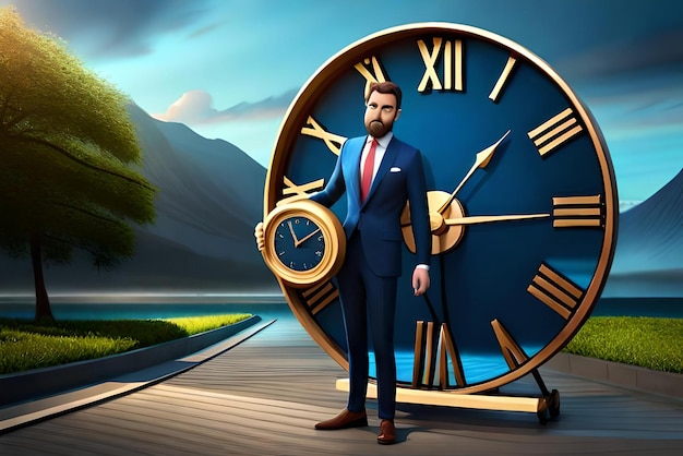 um homem de negócios e um relógio personagem de ilustração 3D
