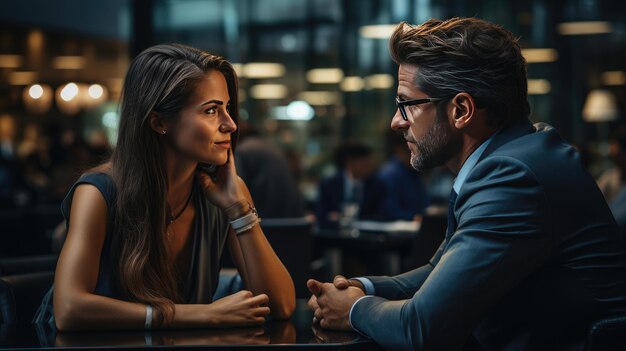 Foto um homem de negócios e uma mulher de negócios estão a discutir sobre investimentos.