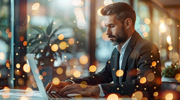 Um homem de negócios em um laptop em um fundo borrado de um lado